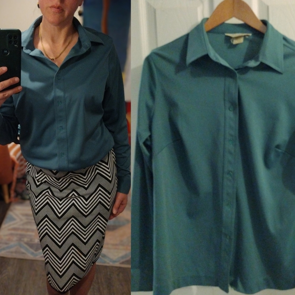 Vintage Sears Teal Button Down Long Sleeve Shirt Grandma Core Secretary